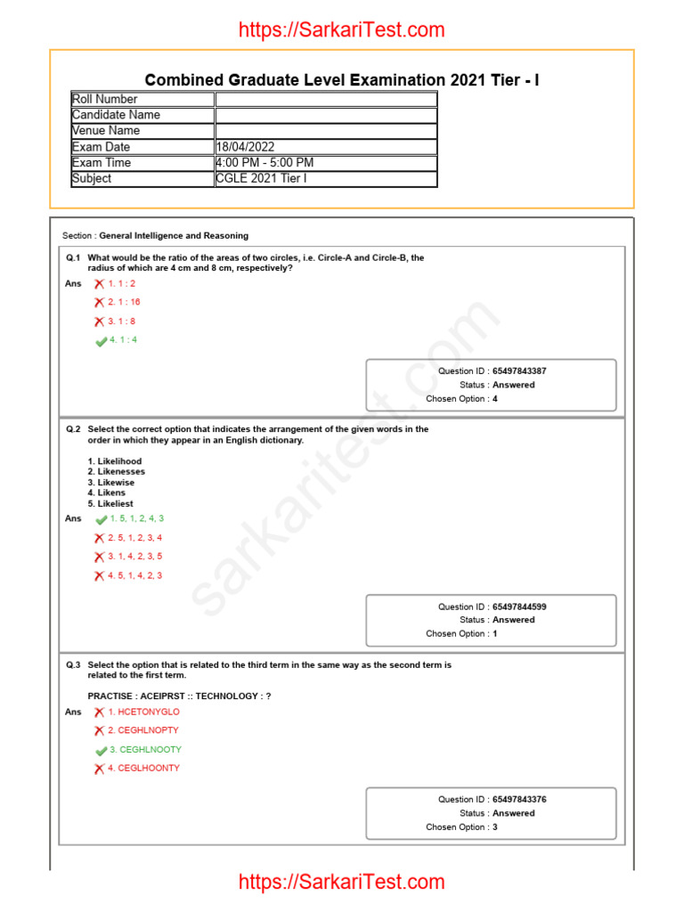 SSC CGL Tier 1 Question Paper 18 April 2022 3rd Shift in English | PDF ...