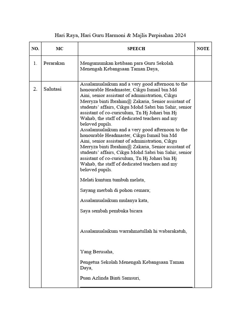 MC Script (Hari Raya & Hari Guru Harmoni 2024) | PDF
