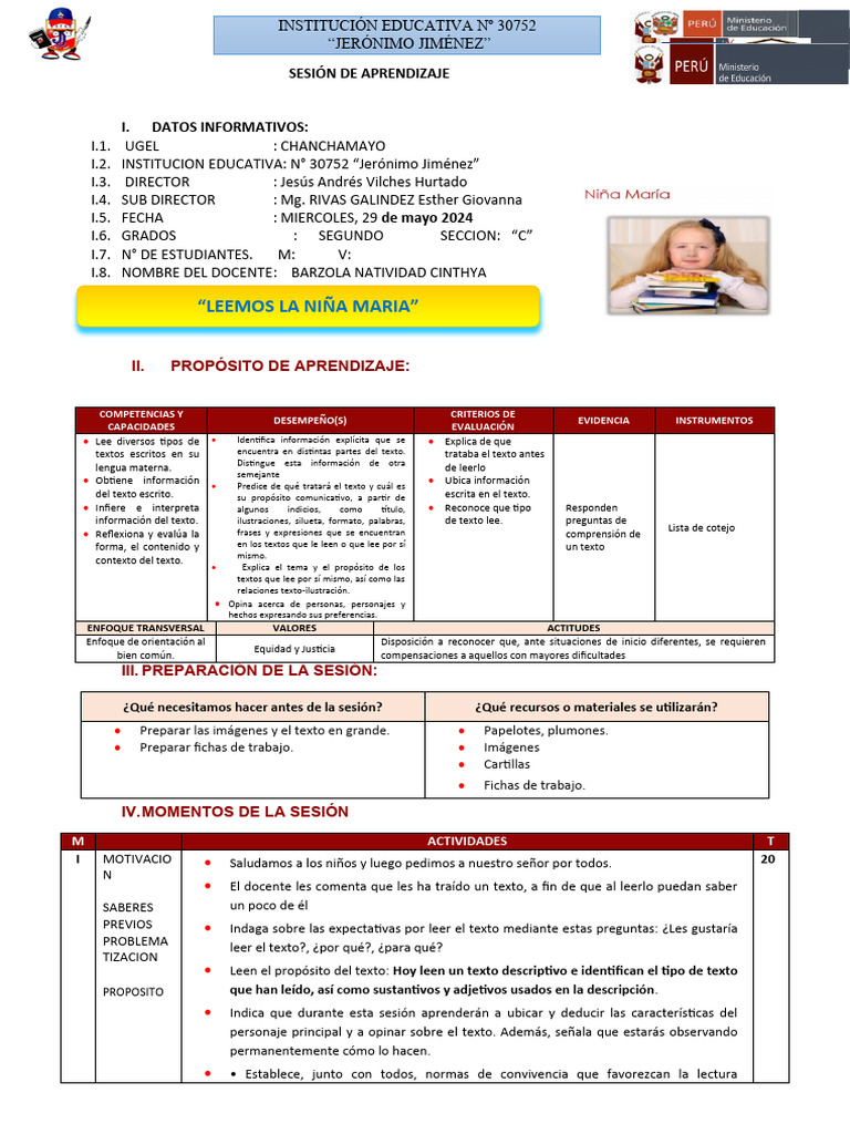 Sesion De Aprendizaje 2º Plan Lector 30 Mayo Pdf Información