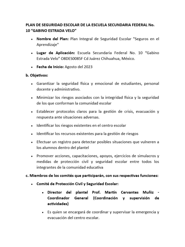 Plan de Seguridad Escolar | PDF | Defensa Civil
