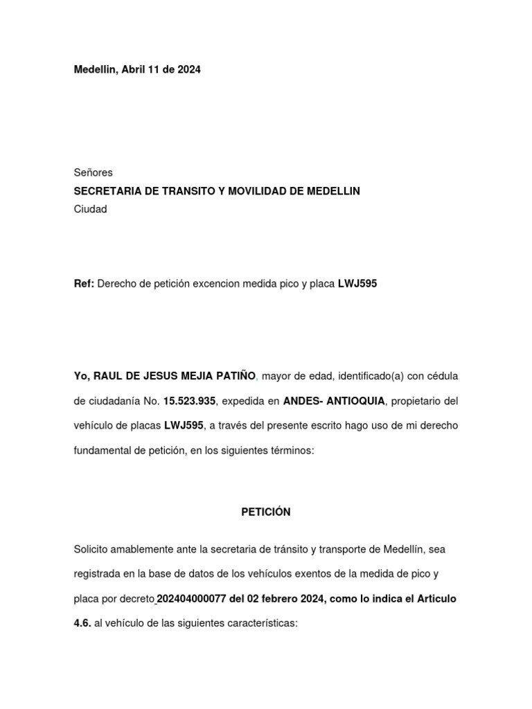 Exencion Pico y Placa Medellin LWJ595 ACTUALIZADO | PDF | Petición