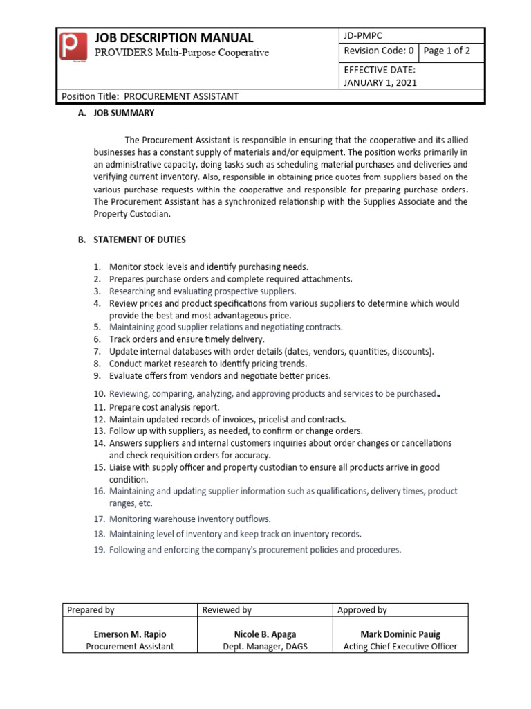 Procurement Assistant Job Description | PDF | Supply Chain | Procurement
