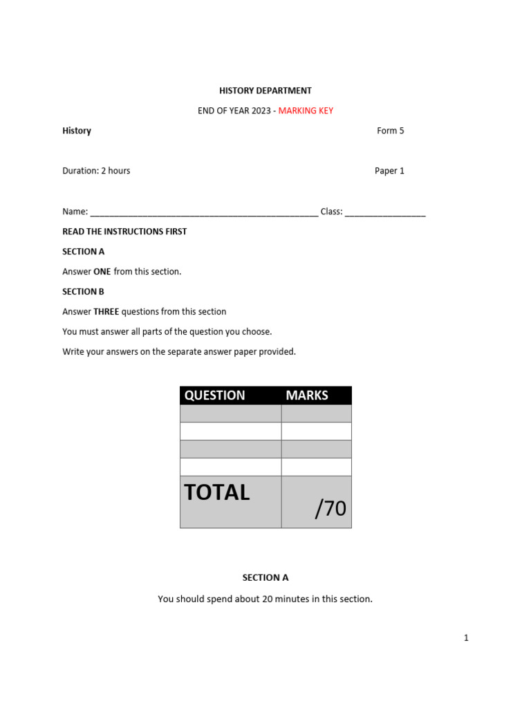 END OF TERM ONE EXAM MARKING KEY | PDF | History