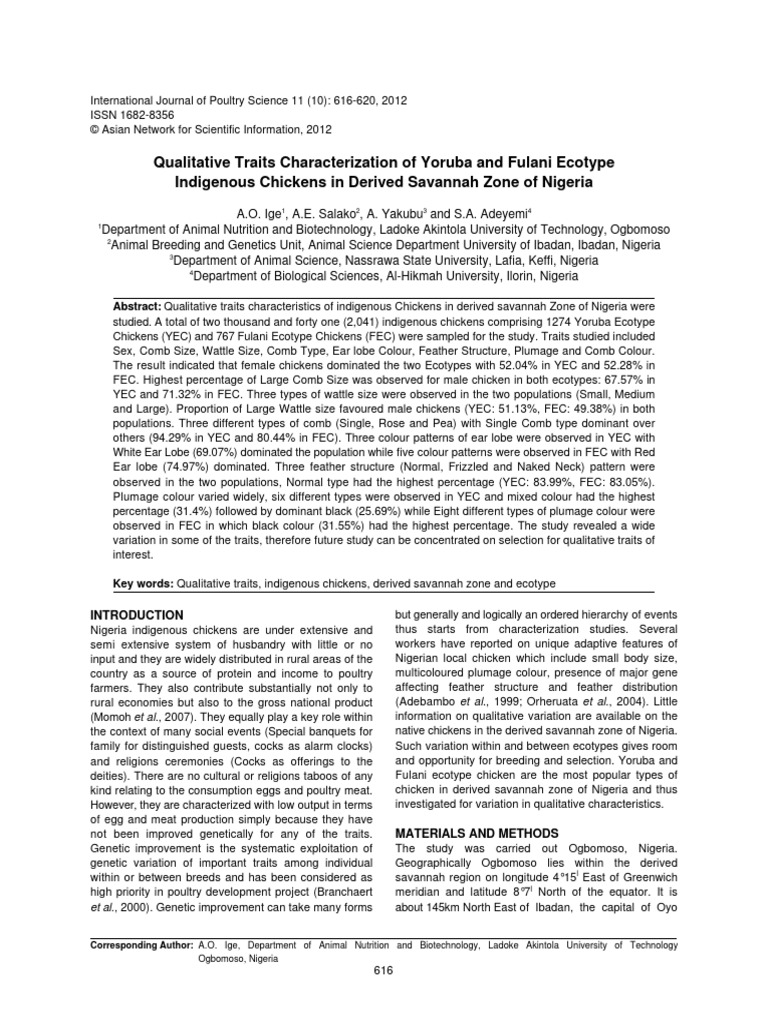 Qualitative Traits Characterization of Yoruba and Fulani Ecotype ...
