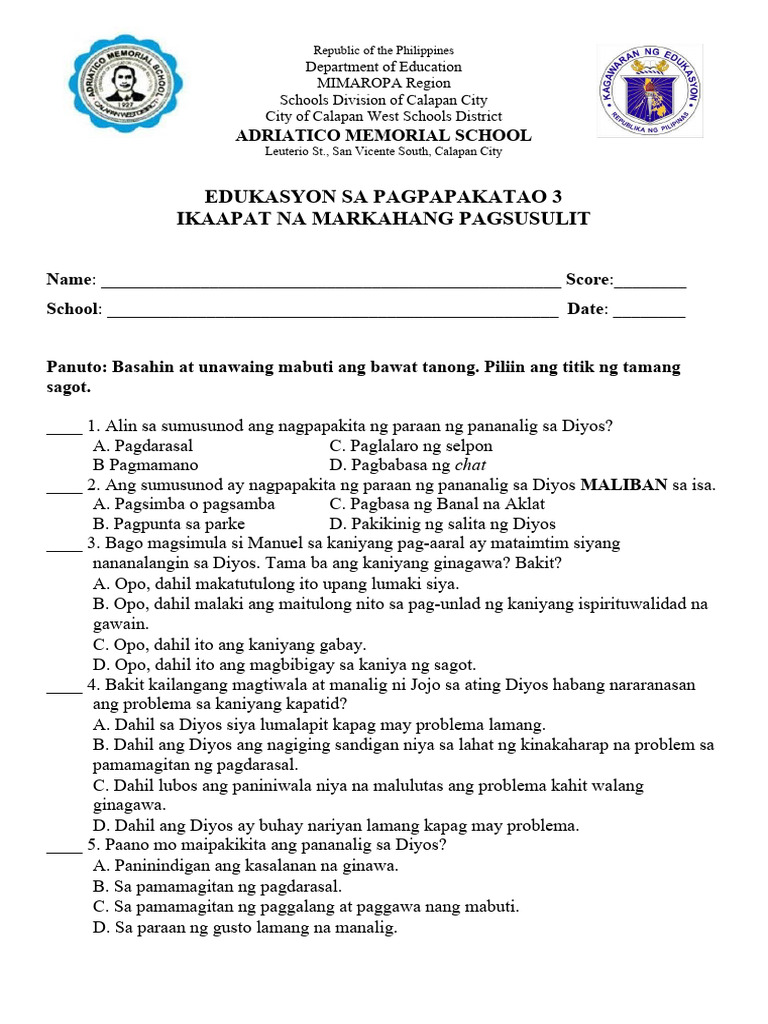 4th Periodical Test Esp 2024 Pdf