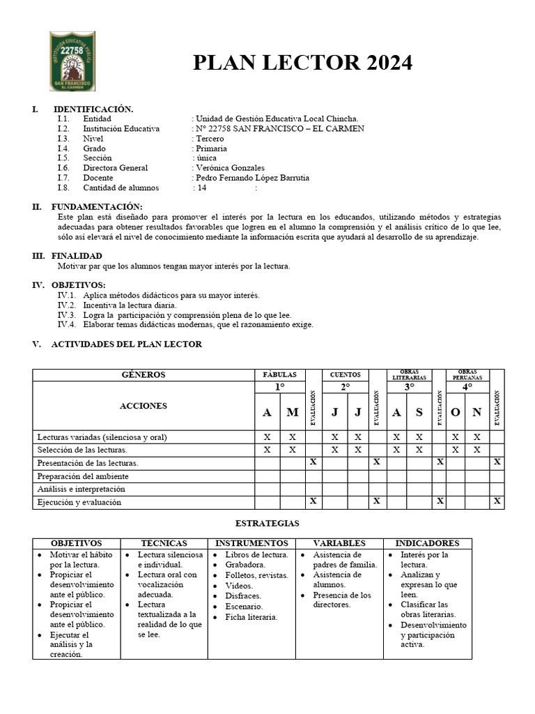 Plan Lector 2024 para Primaria | PDF | Evaluación | Aprendizaje