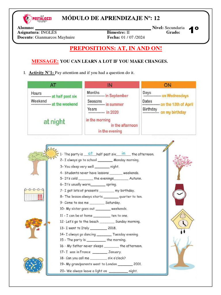 Prepositions For Secondary Students Pdf Business