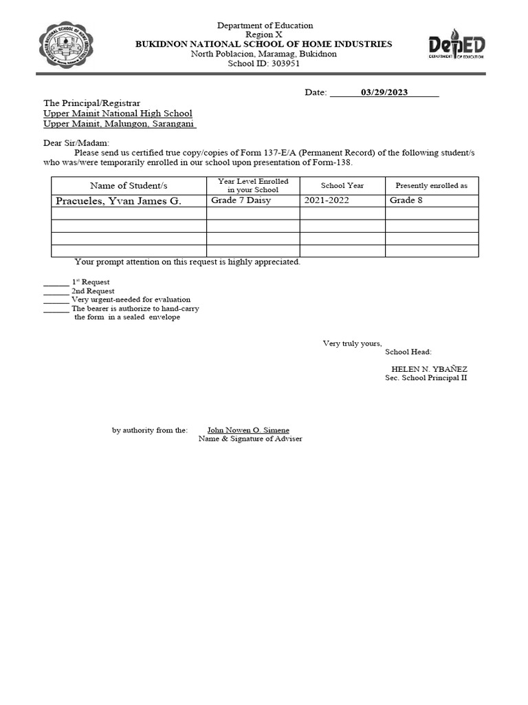 Request for Student Records Form 137-E/A | PDF