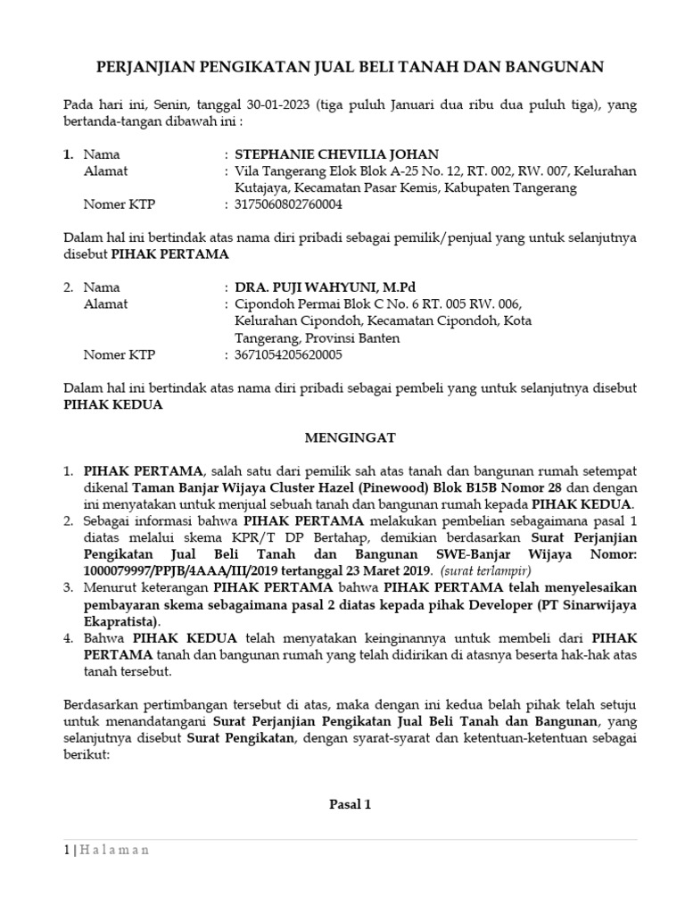 Perjanjian Jual Beli Tanah dan Rumah | PDF