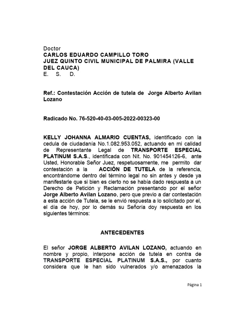 CONTESTACIÓN TUTELA JORGE AVILON - CALI | PDF | Juez | Derecho ...