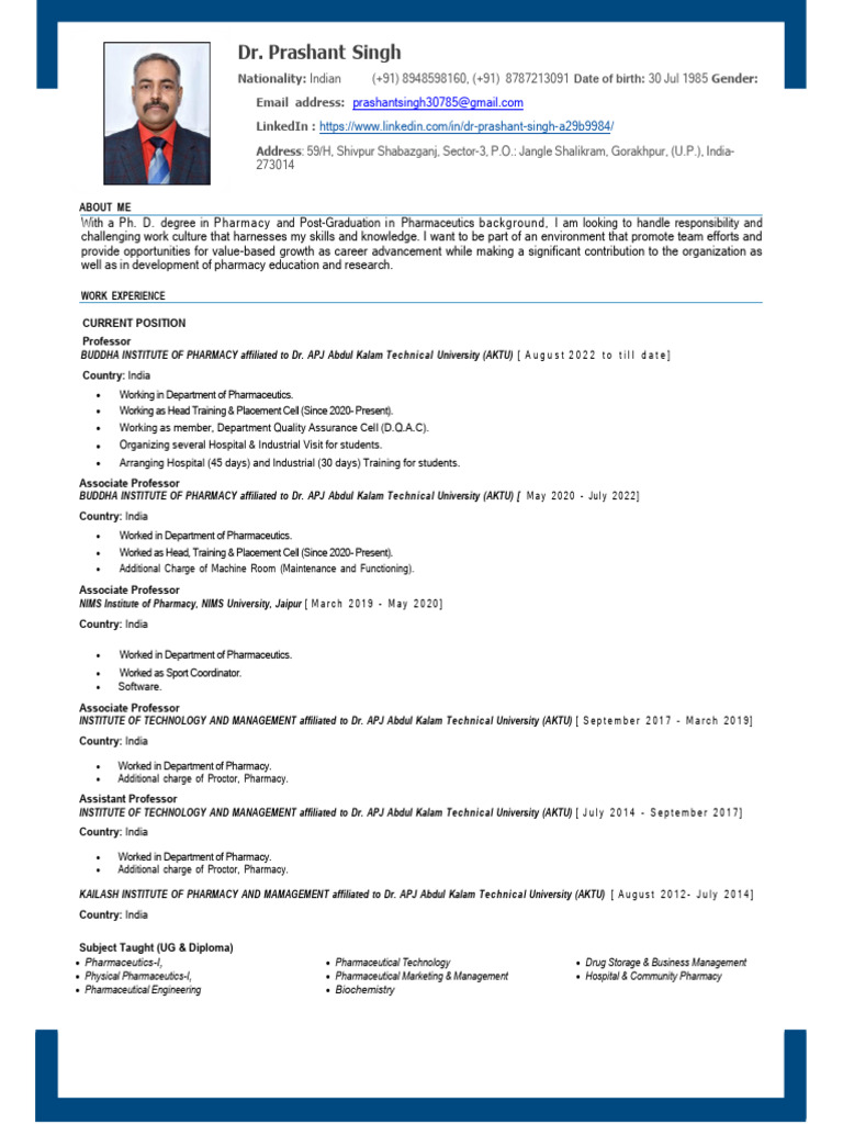 Dr. Prashant Singh: Pharmacy Educator Profile | PDF | Pharmacy | Pharmacist