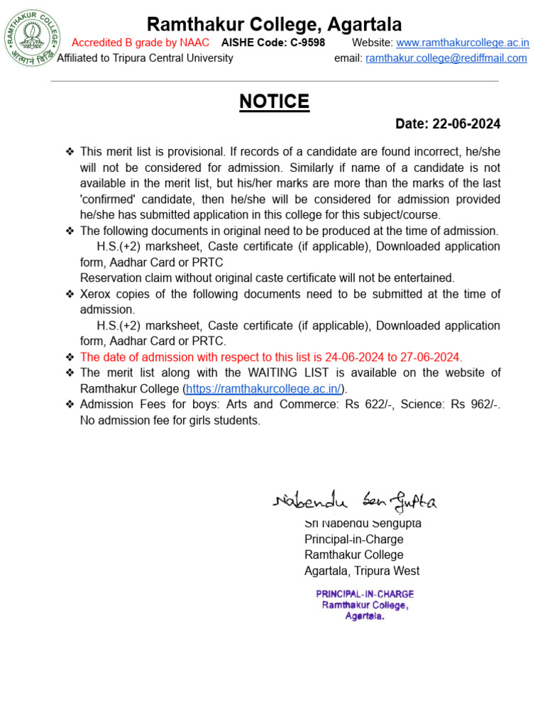 Ramthakur College Admission Notice 2024 | PDF