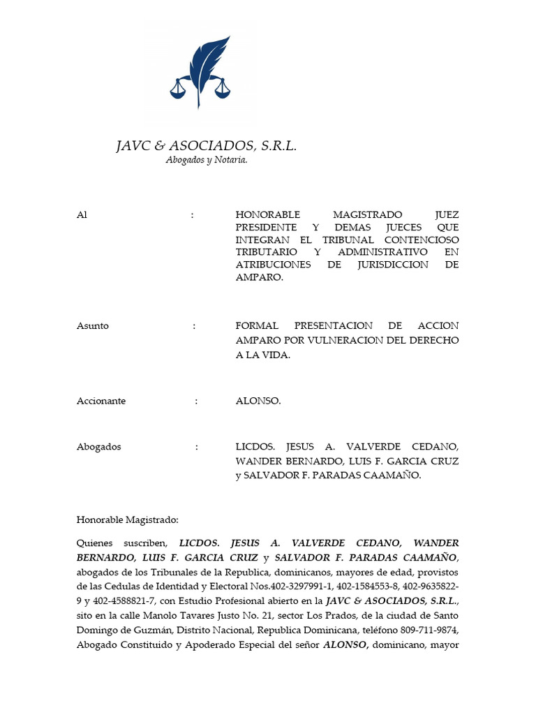 Acción de Amparo por Derecho a la Vida | PDF | Constitución | Habeas corpus