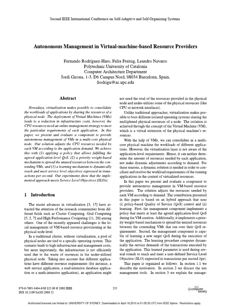 Autonomous Management in Virtual-Machine-Based Resource Providers | PDF