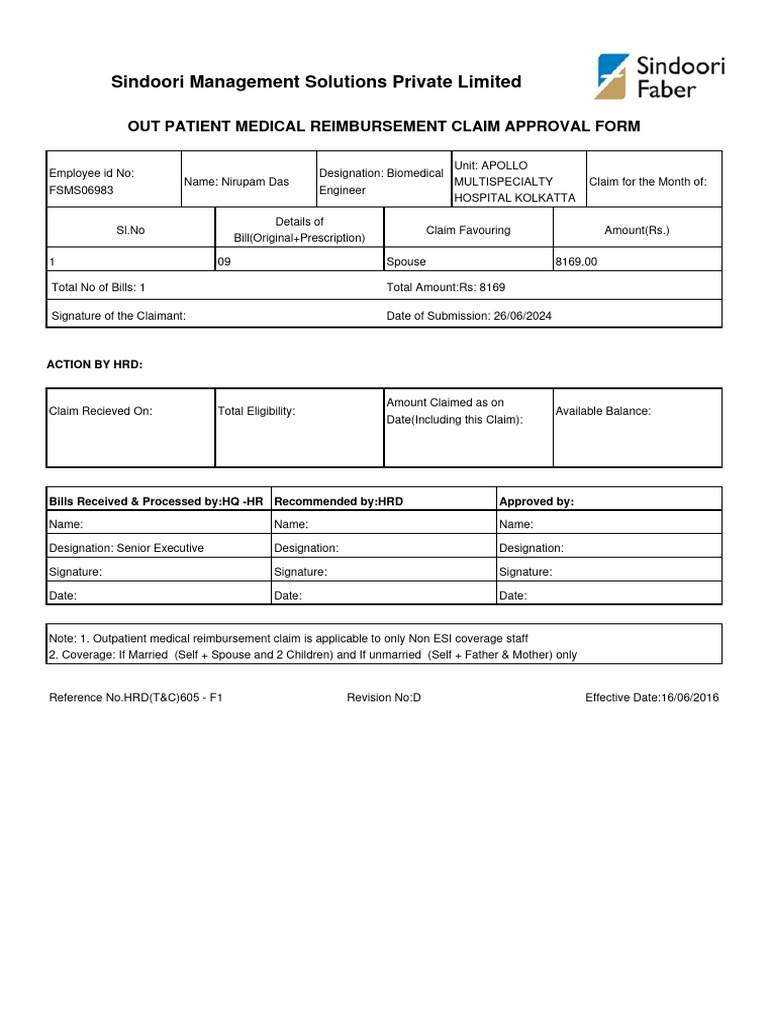 Outpatient Medical Claim Approval Form | PDF