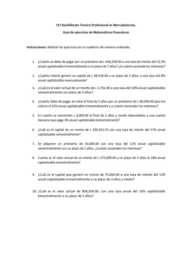 Ejercicios de Matemáticas Financieras | PDF | Finanzas y dinero