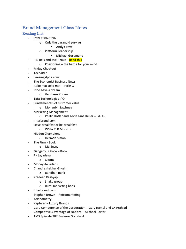 Brand Management Class Notes Overview | PDF | Brand | Marketing