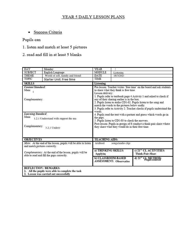 Year 5 Daily Lesson Plans: Starter Unit: Free Time | PDF | Teachers ...