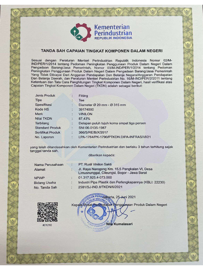 TKDN - RVS - Fitting TEE PVC, 2021 (Exp. 25 Juni 2024) | PDF
