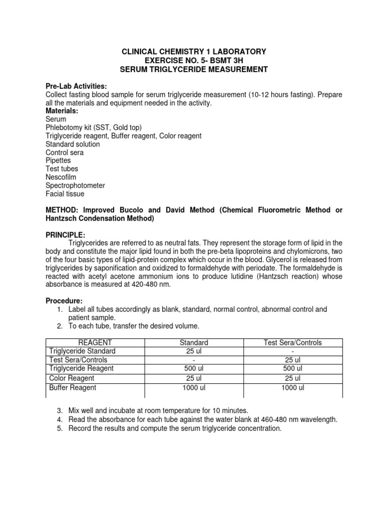 EXERCISE NO 5 SERUM TRIGLYCERIDE MEASUREMENT PROCEDURE AND ANSWER 