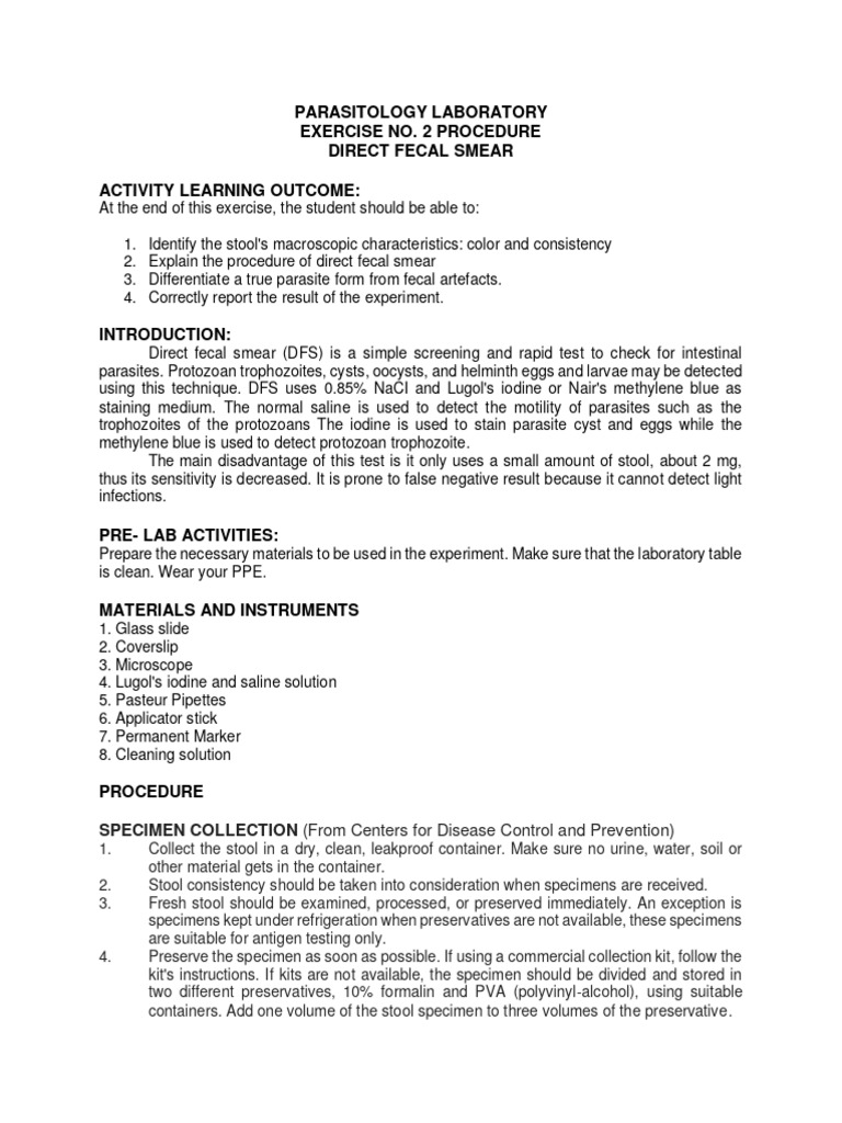 Direct Fecal Smear Procedure Guide | PDF | Parasitism | Clinical Medicine