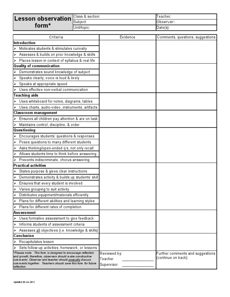 Lesson Observation Form Template | PDF
