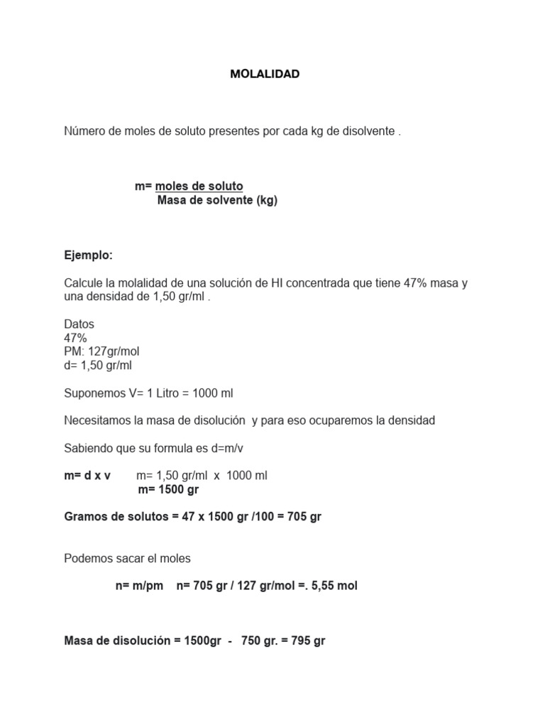 Cálculo de Molalidad en Soluciones | PDF | Métodos y materiales de ...