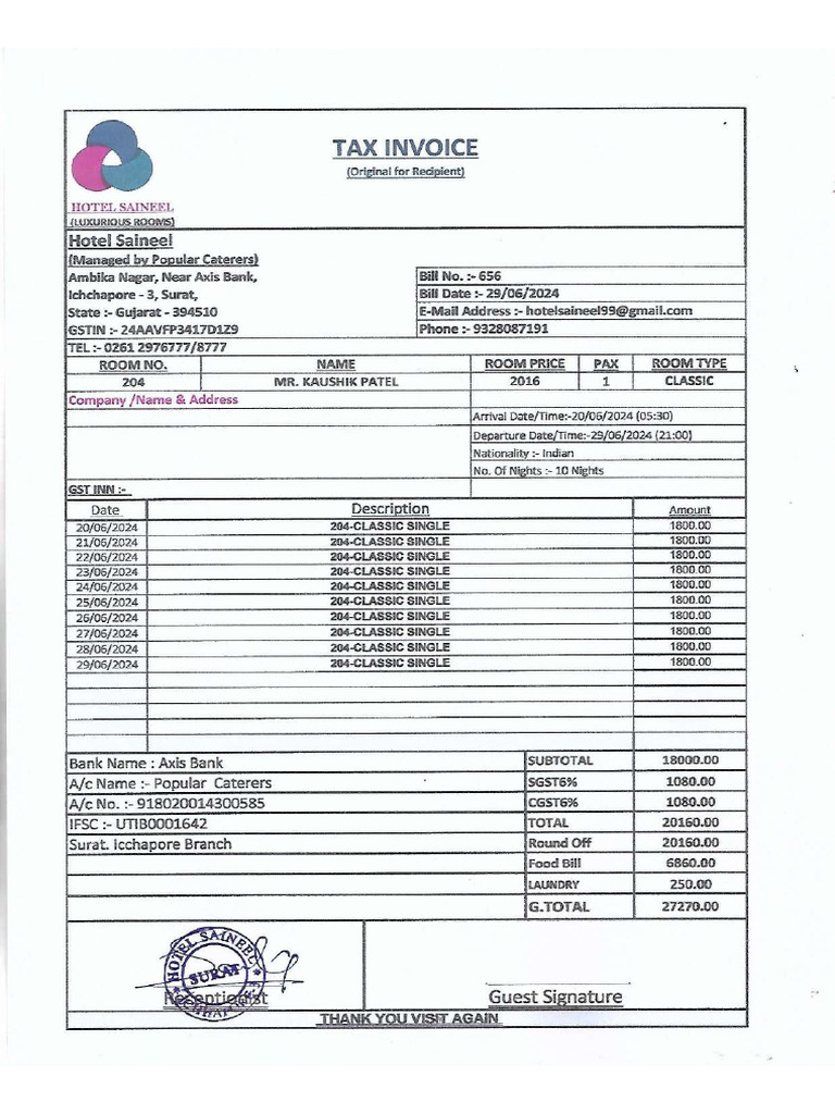 Hotel + Food Bill | PDF