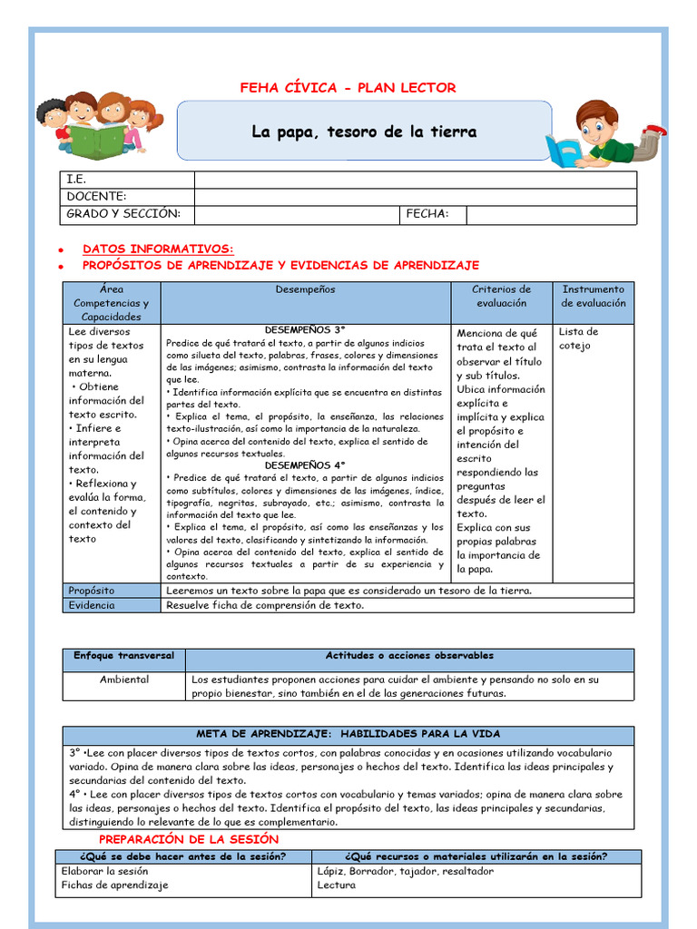 Plan Lector: La Papa, Tesoro de la Tierra | PDF | Evaluación | Aprendizaje