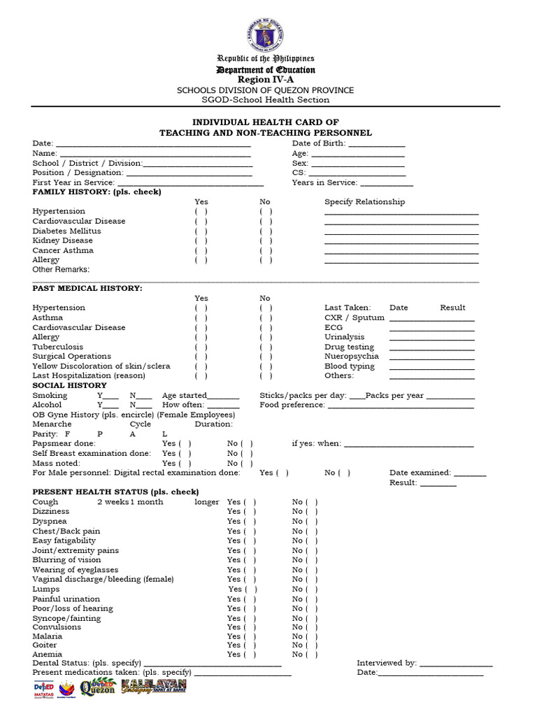 Individual Health Card for School Personnel | PDF | Cardiovascular ...