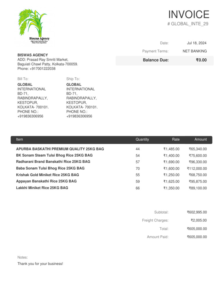Invoice for Rice Supply - Biswas Agency | PDF