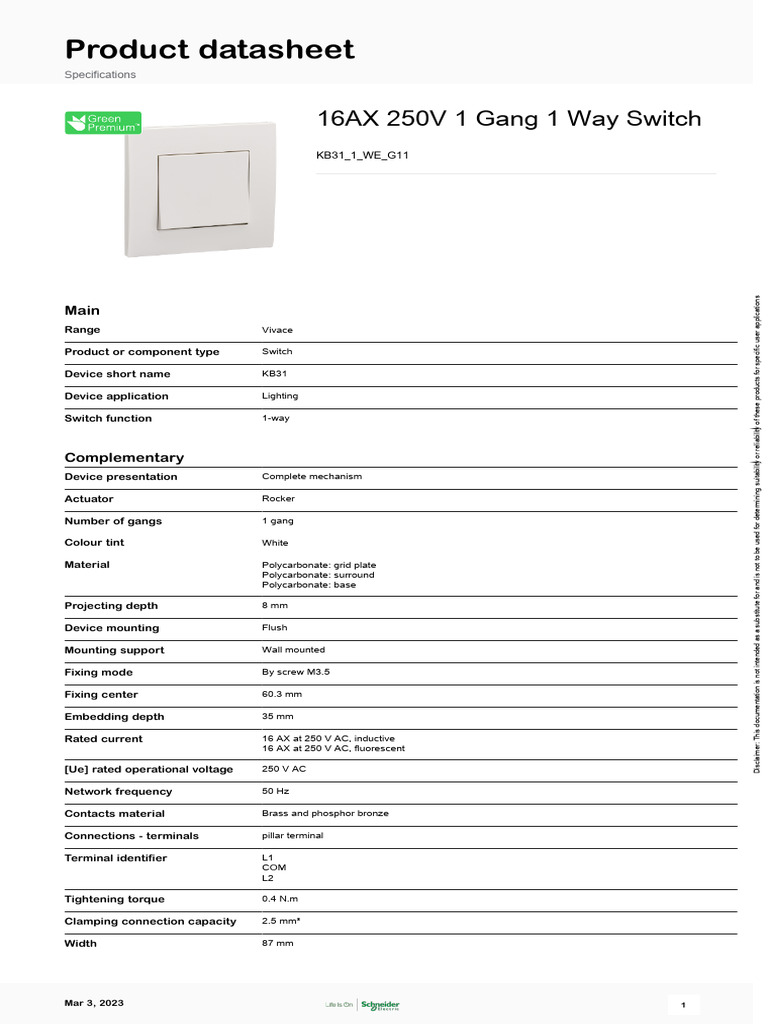 16AX 250V 1 Gang Switch Datasheet | PDF | Electronics | Electrical ...