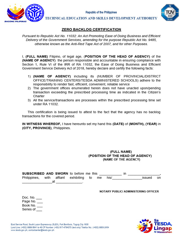 Zero Backlog Certification Template | PDF | Civil Law (Common Law ...
