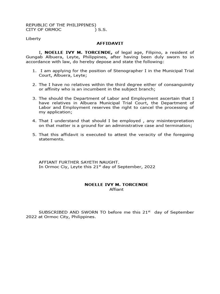 Affidavit for Stenographer I Application | PDF