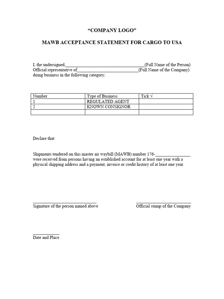 MAWB Acceptance Statement for Cargo | PDF