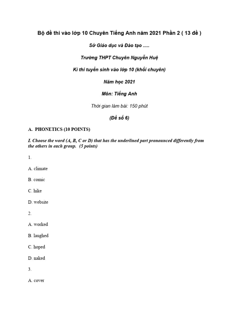 Bo de Thi Vao Lop 10 Chuyen Tieng Anh Nam 2021 Phan 2 13 de | PDF ...