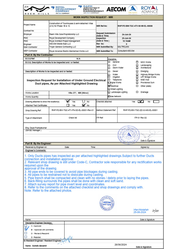 Inspection Request For Installation of Under Ground Electrical Duct ...