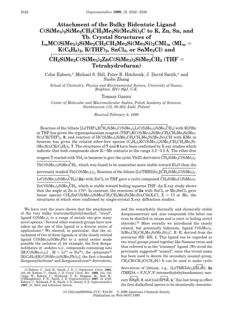 Attachment of the Bulky Bidentate Ligand C(SiMe3)2SiMe2CH2CH2Me2Si ...