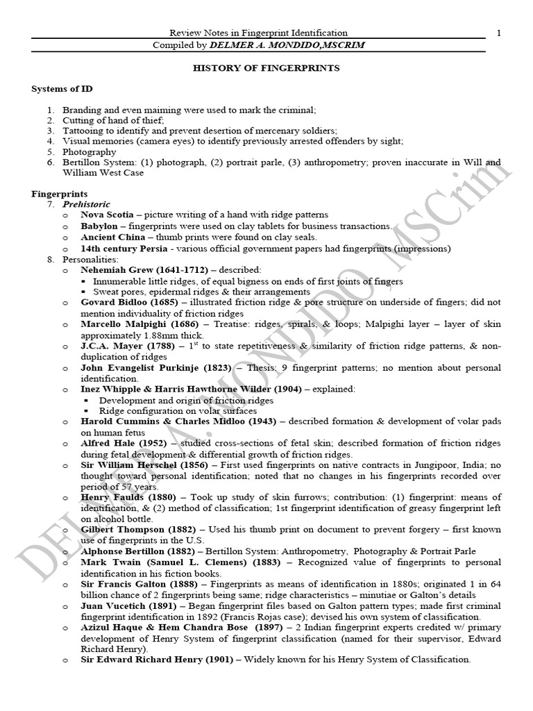 Fingerprint Identification Reviewer - Abridged | PDF | Fingerprint