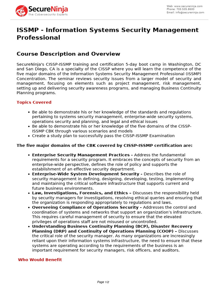 CISSP-ISSMP Training Overview | PDF | Securities | Business