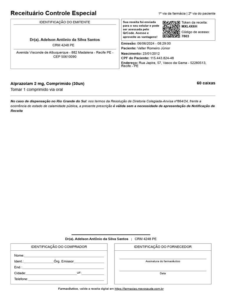 Receituário de Controle Especial: Alprazolam | PDF | Receita médica ...