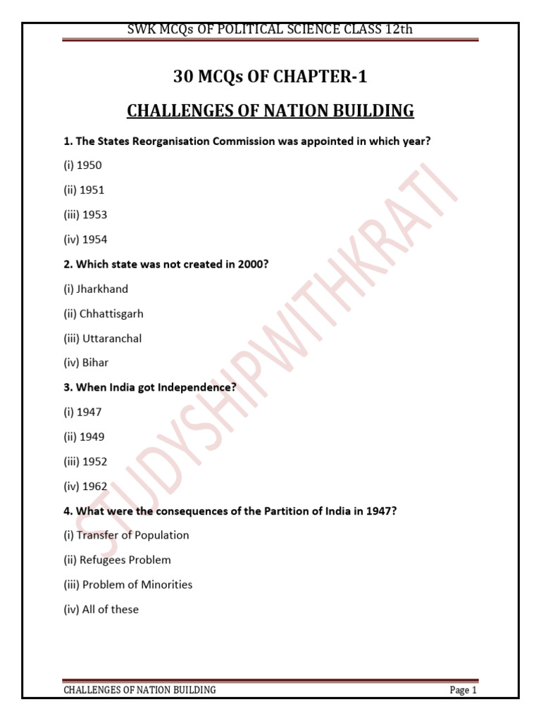 MCQs on Challenges of Nation Building | PDF | Partition Of India ...