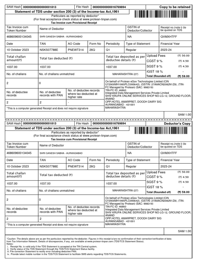 Copy To Be Retained Statement of TDS Under Section 200 (3) of The ...