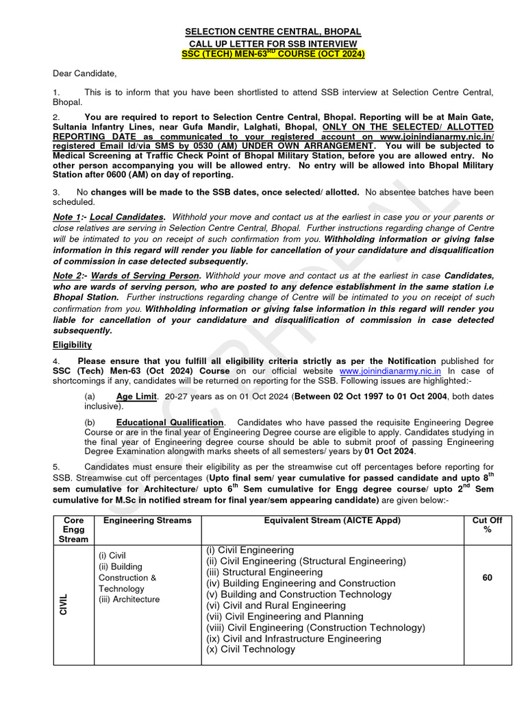 CALL UP LETTER SCC BHOPAL FOR SSC (TECH) 63 OCT 2024 COURSE PDF