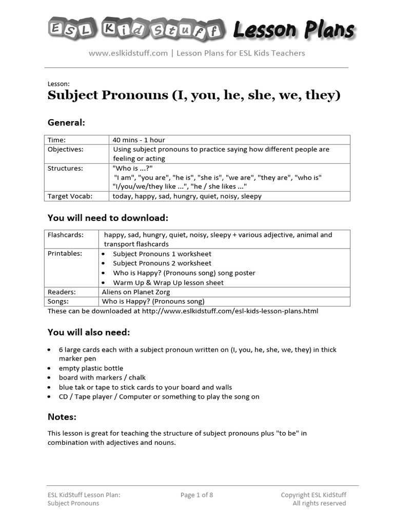 Subject Pronouns Lesson Plan Pdf Lesson Plan English As A Second