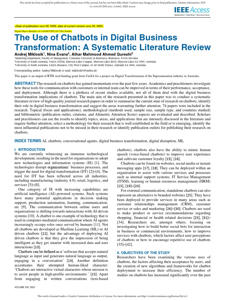 The Use of Chatbots in Digital Business Transformation A Systematic ...