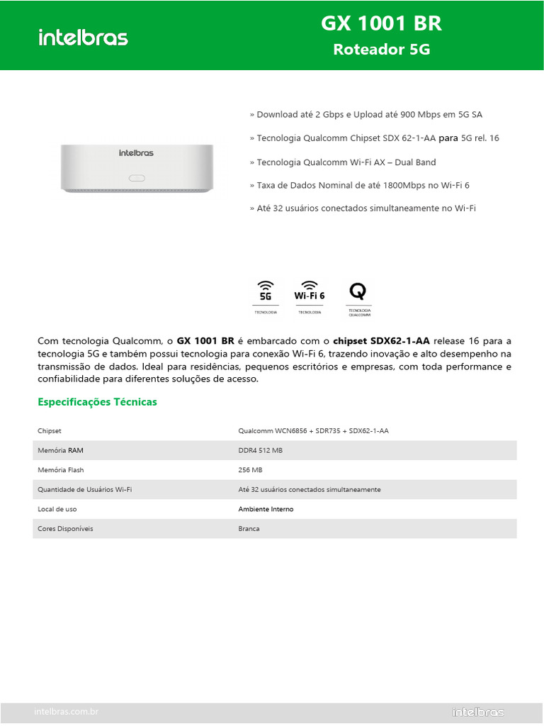 Datasheet Roteador 5G - GX 1001 BR - V1.2 | PDF | Wi-Fi | Transmissão ...