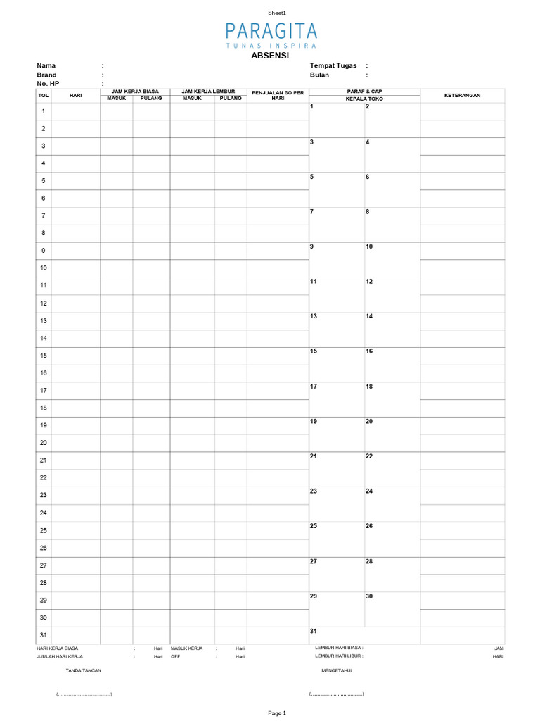 Form Absen Karyawan Bulanan | PDF