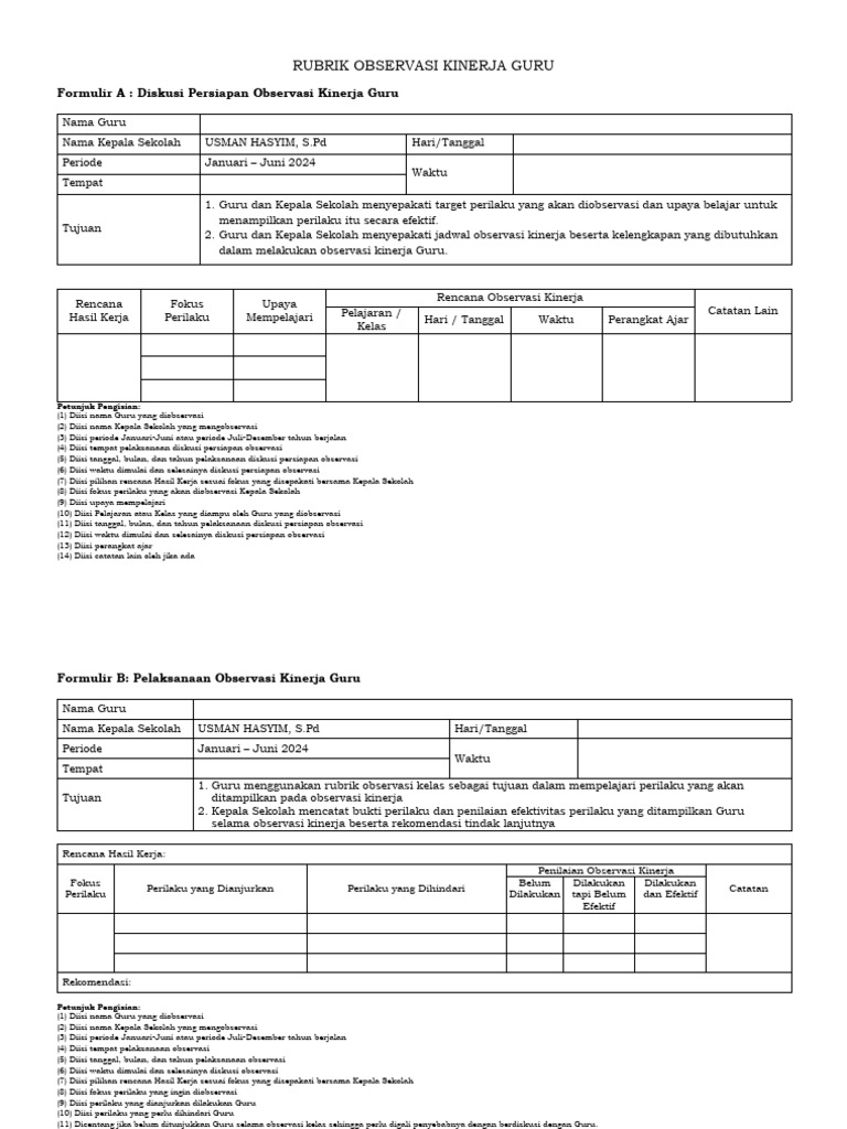 Formulir Rubrik Observasi Kinerja Guru Pdf