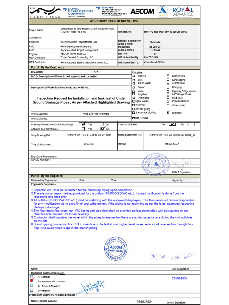 Inspection Request For Installation and Leak Test of Under Ground ...